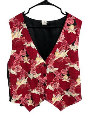 111 Main 1X Red Valentine V-Neck Vest Hearts Roses Cherubs Cottagecore Kitschy